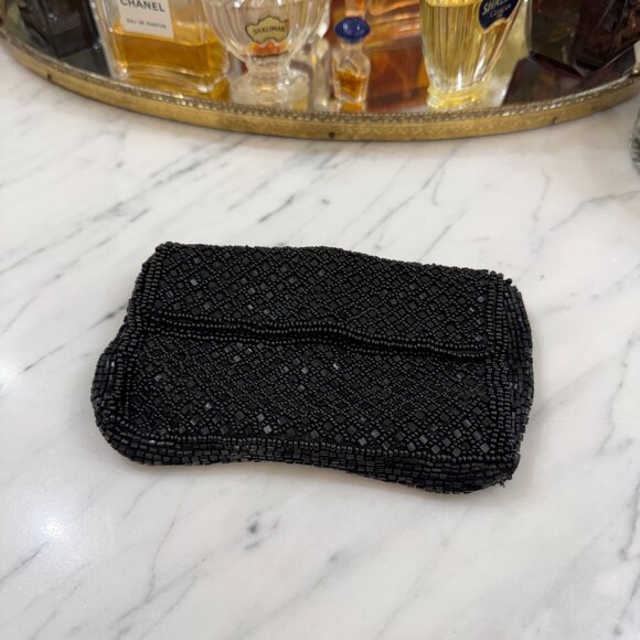 Vintage French Black Beaded Belt Bag with Chanel Gift Bag 5" X 3.5" - Picture 6 of 17